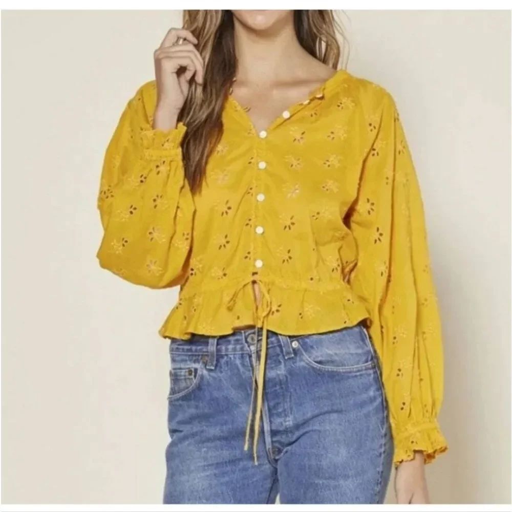 Outerknown Women's XS Poet Blouse Golden Yellow Long Sleeve Organic Cotton NEW